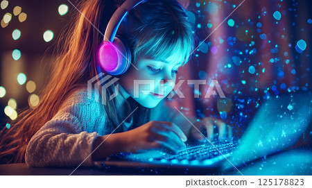 A kid girl learns online using futuristic technology. The concept of the integration of advanced digital tools in education, and learning experiences for the future generation. Generative AI. 125178823