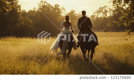 A bride and groom ride horses together through a golden, sunlit field, enjoying their picturesque moment during sunset. 125178880