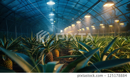 Rows of pineapples thrive in a greenhouse illuminated by artificial lights, creating a serene atmosphere in the evening. 125178884