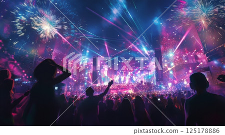 A large crowd enjoys a lively music festival under colorful lights and dazzling fireworks in the night sky. A large crowd enjoys a lively music festival under colorful lights and dazzling fireworks in the night sky. 125178886