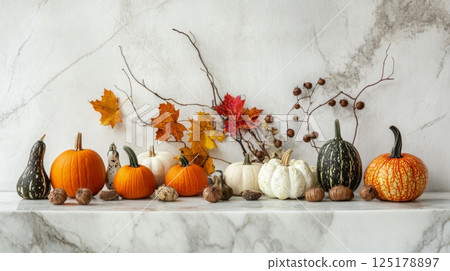 A variety of pumpkins and gourds in different colors are arranged on a marble countertop, alongside autumn leaves and nuts, creating a festive seasonal decor. 125178897