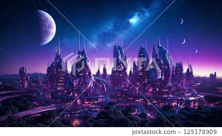 一組由外星人建造的有機形狀的建築。紫色夜空中有多個衛星和一個形狀奇特的星系 125178909