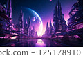 Alien-created organic buildings. Purple night sky with multiple moons and a strangely shaped galaxy. 125178910