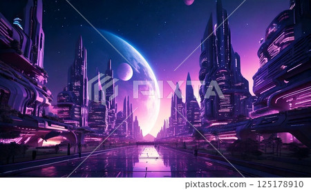 一組由外星人建造的有機形狀的建築。紫色夜空中有多個衛星和一個形狀奇特的星系 125178910