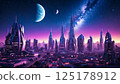 Alien-created organic buildings. Purple night sky with multiple moons and a strangely shaped galaxy. 125178912