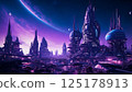 Alien-created organic buildings. Purple night sky with multiple moons and a strangely shaped galaxy. 125178913