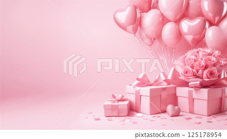 Mother's Day pink gift, heart balloon and flowers 125178954