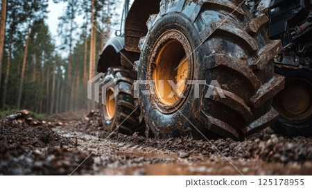 Powerful tractor tires navigate through muddy terrain in a dense forest, showcasing their rugged design and traction capabilities. 125178955