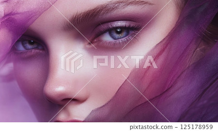 A model gazes intensely at the viewer, her striking blue eyes captivating against the backdrop of soft, flowing purple fabric. The delicate drapery enhances her features in a mesmerizing way. 125178959