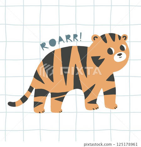 Little Tiger Cute Cartoon Vector hand drawn Illustration, Poster for Children 125178961