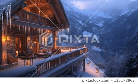A wooden chalet stands elegantly on a snow-covered mountain, with warm lantern light glowing from the porch. Icicles hang from the eaves while the serene twilight casts a blue hue over the landscape. 125178962