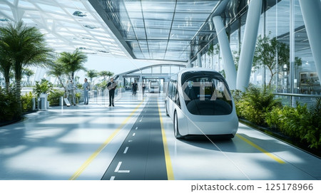A modern transportation hub features autonomous vehicles, vibrant plants, and a spacious, well-lit interior, highlighting the future of mobility in a bustling city environment. 125178966