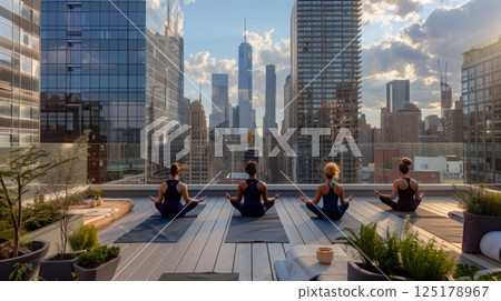 Four women practice yoga on a rooftop overlooking the New York City skyline. The sun is setting, casting a warm glow on the scene. 125178967