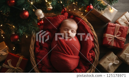A peaceful baby sleeps soundly, wrapped snugly in a red blanket, nestled in a basket. A peaceful baby sleeps soundly, wrapped snugly in a red blanket, nestled in a basket. 125178971