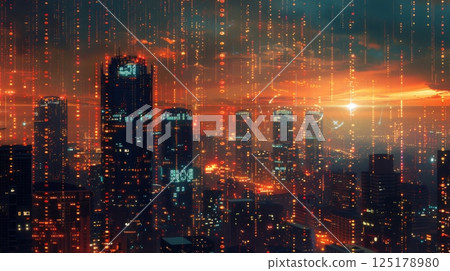 A cityscape at sunset, with tall buildings silhouetted against a bright orange sky. Digital rain falls from the sky, creating a futuristic effect. 125178980