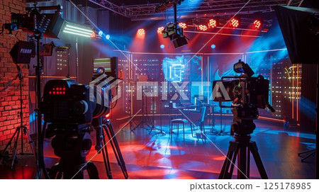 A studio set with two cameras and various lighting equipment is ready for filming. The set features a backdrop with neon lights and a stage with a piano and chairs. A studio set with two cameras and various lighting equipment is ready for filming. The set features a backdrop with neon lights and a stage with a piano and chairs. 125178985