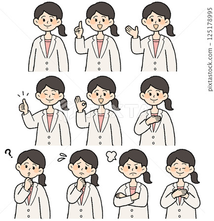 Hand-drawn style upper body pose set of a woman wearing a white coat 125178995