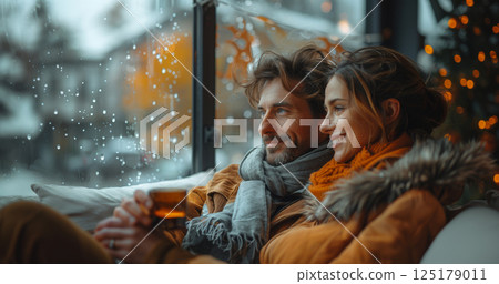 A couple sits close together, smiling and looking out a window. 125179011