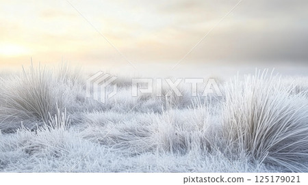 A tranquil winter morning unfolds with frost enveloping the grass, creating a soft white blanket. The dawn light casts a gentle glow, enhancing the serene atmosphere of the landscape. 125179021