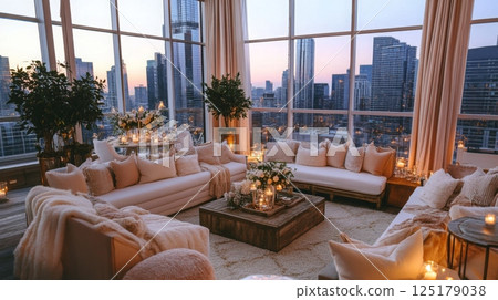 A beautifully arranged living room features soft seating and candles, offering a sweeping view of the sunset over the city skyline. 125179038
