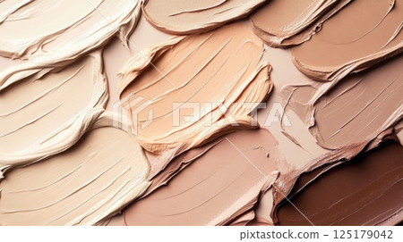 Different shades of foundation cream are arranged in a swirling pattern on a textured background, showcasing a wide range of skin tones suitable for makeup applications and beauty routines. 125179042