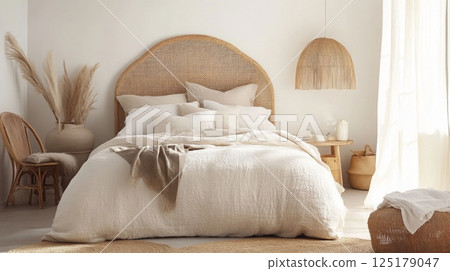 A white bed with a woven headboard and natural light. The bed has a white linen duvet and several pillows 125179047