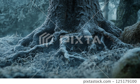 A detailed view of frost-laden tree roots intertwining in a mystical forest at dawn, enveloped in a gentle mist. The scene captures nature's ethereal beauty and the quiet stillness of early morning. 125179100