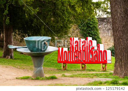 Giant Teacup Sculpture with Christmas Sign in Montepulciano 125179142