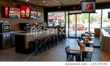 A modern fast-food restaurant features a counter with a menu display, seating area, and large windows letting in natural light. 125179168