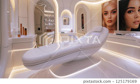 A room featuring a large mirror reflecting the white couch placed in front of it, creating a sense of spaciousness and elegance. 125179169