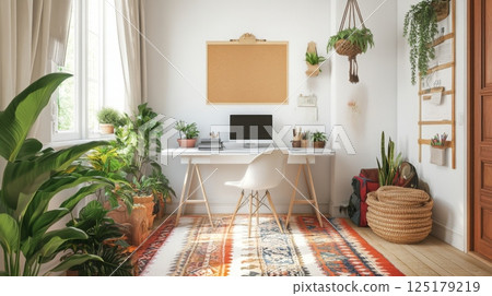 A bright, airy home office features a white desk, computer, and a bulletin board. Lush greenery, including potted plants, enhances the inviting atmosphere, complemented by warm, earthy decor. 125179219