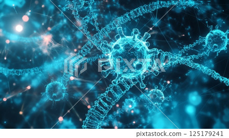 The image captures a fascinating close-up of viruses interacting with strands of genetic material, highlighted by a striking blue luminosity, showcasing the complexity of microscopic life. The image captures a fascinating close-up of viruses interacting with strands of genetic material, highlighted by a striking blue luminosity, showcasing the complexity of microscopic life. 125179241