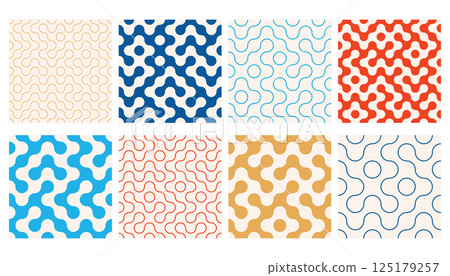 Truchet thin line and filled round shapes seamless pattern collection. Contemporary style geometric mosaic patterns with rounded lines. 125179257