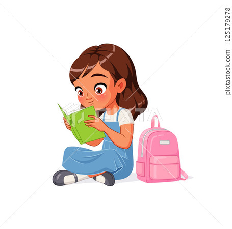 Cute little girl in school uniform reading book sitting on the floor. Cartoon vector illustration. Cute little girl in school uniform reading book sitting on the floor. Cartoon vector illustration. 125179278