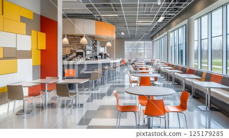 A contemporary cafe features vibrant orange and gray furniture, large windows letting in natural light, and a stylish counter area, creating an inviting atmosphere for customers. 125179285