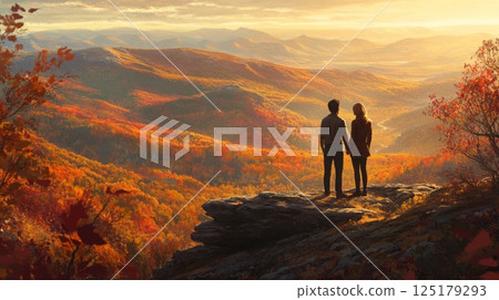 A man and a woman stand together on a rocky cliff, holding hands. They are looking out over a vast landscape of rolling hills covered in vibrant autumn colors. 125179293
