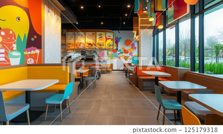 The vibrant interior of a fast food restaurant features colorful decor, varied seating, and an open layout, inviting customers to enjoy their meals in a lively atmosphere. 125179318