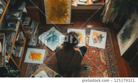A woman sits on a rug surrounded by colorful watercolor paintings, working on her latest creation. She is surrounded by bookshelves and other artistic supplies. 125179321