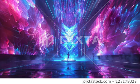 A man stands in a corridor with glowing neon light in shades of pink and blue. The walls are made of sleek, futuristic material. A man stands in a corridor with glowing neon light in shades of pink and blue. The walls are made of sleek, futuristic material. 125179322