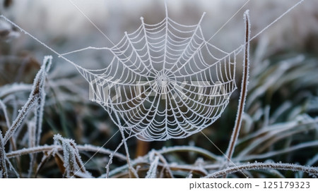 A frost-covered spiderweb hangs between branches, the intricate web glistening with ice crystals. The background is blurred, focusing attention on the delicate structure of the web. A frost-covered spiderweb hangs between branches, the intricate web glistening with ice crystals. The background is blurred, focusing attention on the delicate structure of the web. 125179323