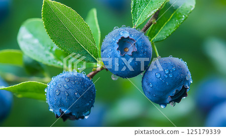 Fresh blueberries glistening with dew on a branch in a garden Fresh blueberries glistening with dew on a branch in a garden 125179339