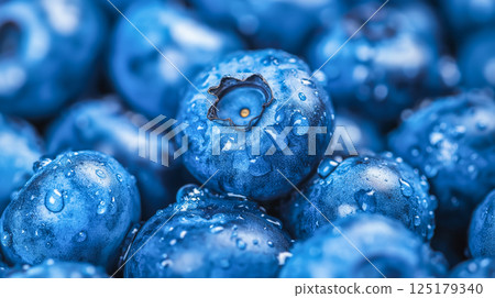 Fresh blueberries glisten with droplets of water 125179340