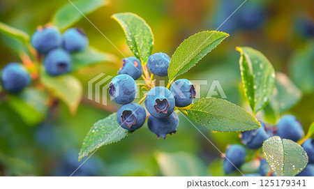 Blueberries ripening on a bush in a lush garden during the warm summer months with vibrant green leaves 125179341