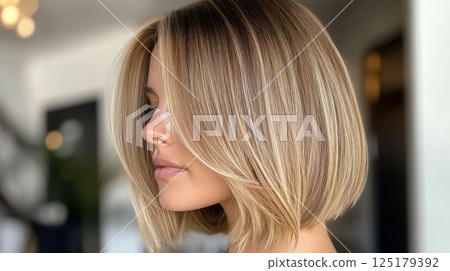 A woman with a chic bob haircut featuring soft blonde highlights poses elegantly in a contemporary indoor space, highlighting her stylish look and confident demeanor. A woman with a chic bob haircut featuring soft blonde highlights poses elegantly in a contemporary indoor space, highlighting her stylish look and confident demeanor. 125179392