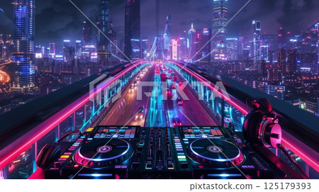 A DJ mixer and headphones sit on a railing overlooking a bustling city at night. The city lights create a vibrant, colorful backdrop. A DJ mixer and headphones sit on a railing overlooking a bustling city at night. The city lights create a vibrant, colorful backdrop. 125179393
