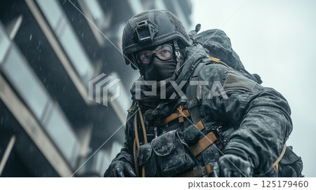 A soldier dressed in tactical gear is carefully moving through an urban environment on a rainy day, focusing intently on the surroundings. The gray buildings provide a stark backdrop. 125179460