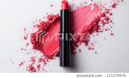 A vibrant pink lipstick stands upright next to smooth swatches of the same shade. Surrounding the lipstick is loose powder, creating an artistic display on a clean white surface. 125179476