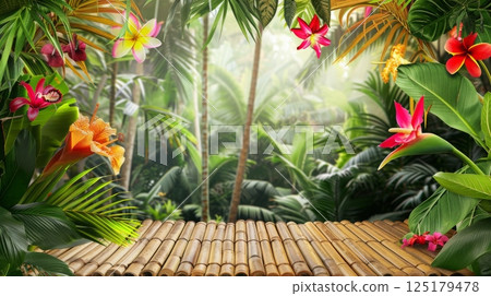 Lush green foliage and colorful flowers surround a bamboo platform in a tropical rainforest. The sun shines through the leaves, creating a warm and inviting atmosphere. 125179478