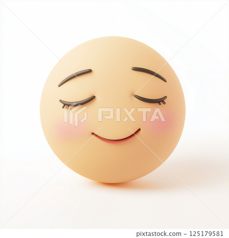 Happy face emoticon with a serene expression displayed on a plain background 125179581