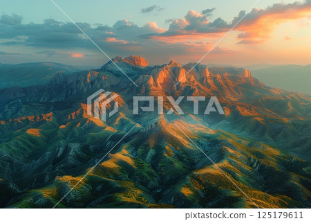 Mountain range with a beautiful sunset in the background. Serene and peaceful 125179611